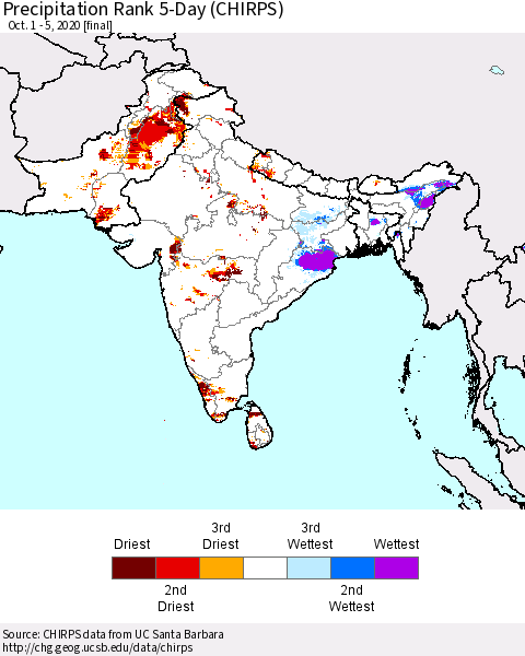 Southern Asia Precipitation Rank since 1981, 5-Day (CHIRPS) Thematic Map For 10/1/2020 - 10/5/2020