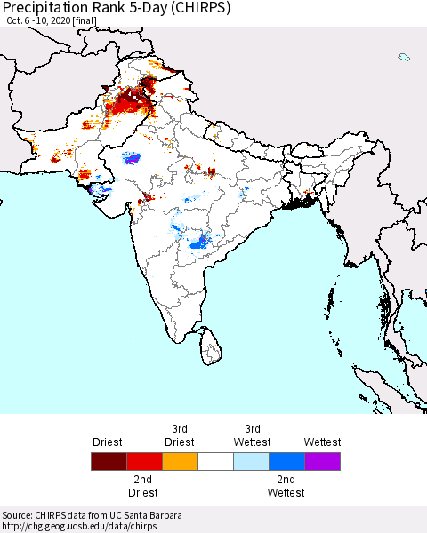 Southern Asia Precipitation Rank 5-Day (CHIRPS) Thematic Map For 10/6/2020 - 10/10/2020