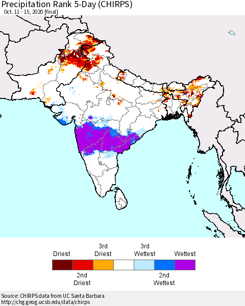 Southern Asia Precipitation Rank 5-Day (CHIRPS) Thematic Map For 10/11/2020 - 10/15/2020