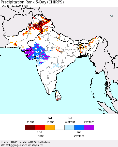 Southern Asia Precipitation Rank 5-Day (CHIRPS) Thematic Map For 10/16/2020 - 10/20/2020