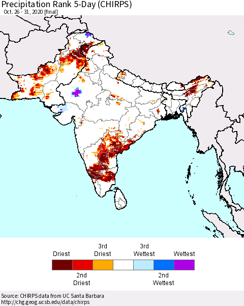 Southern Asia Precipitation Rank 5-Day (CHIRPS) Thematic Map For 10/26/2020 - 10/31/2020