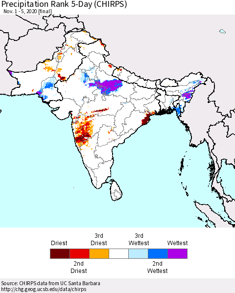 Southern Asia Precipitation Rank 5-Day (CHIRPS) Thematic Map For 11/1/2020 - 11/5/2020