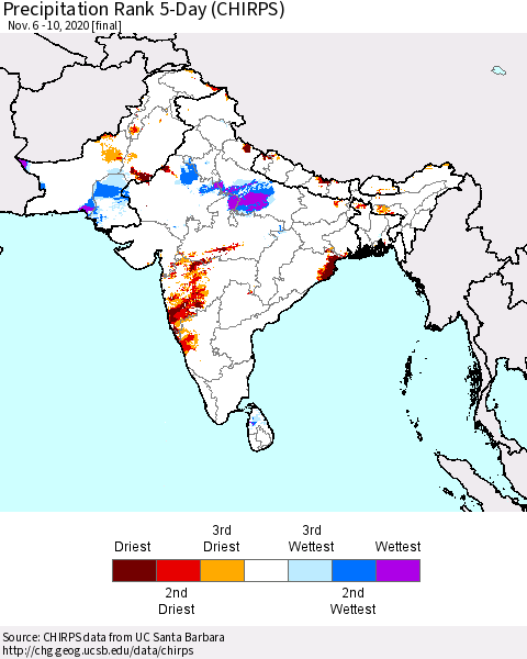 Southern Asia Precipitation Rank 5-Day (CHIRPS) Thematic Map For 11/6/2020 - 11/10/2020