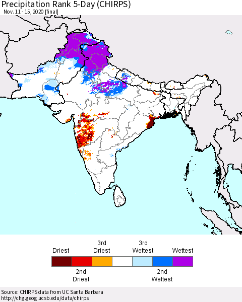 Southern Asia Precipitation Rank 5-Day (CHIRPS) Thematic Map For 11/11/2020 - 11/15/2020