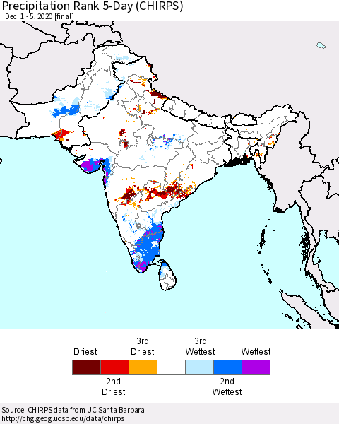 Southern Asia Precipitation Rank 5-Day (CHIRPS) Thematic Map For 12/1/2020 - 12/5/2020