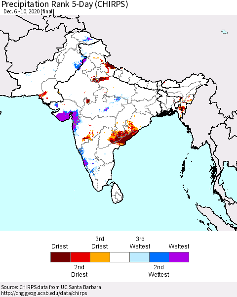 Southern Asia Precipitation Rank 5-Day (CHIRPS) Thematic Map For 12/6/2020 - 12/10/2020