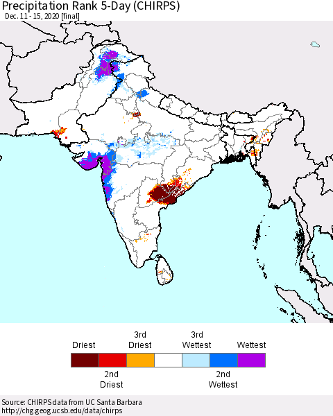 Southern Asia Precipitation Rank 5-Day (CHIRPS) Thematic Map For 12/11/2020 - 12/15/2020