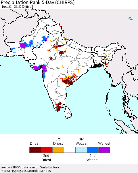 Southern Asia Precipitation Rank 5-Day (CHIRPS) Thematic Map For 12/21/2020 - 12/25/2020