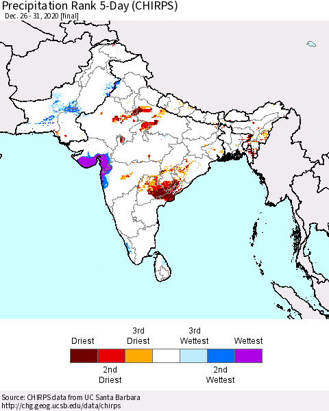 Southern Asia Precipitation Rank since 1981, 5-Day (CHIRPS) Thematic Map For 12/26/2020 - 12/31/2020
