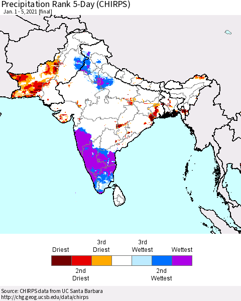 Southern Asia Precipitation Rank since 1981, 5-Day (CHIRPS) Thematic Map For 1/1/2021 - 1/5/2021