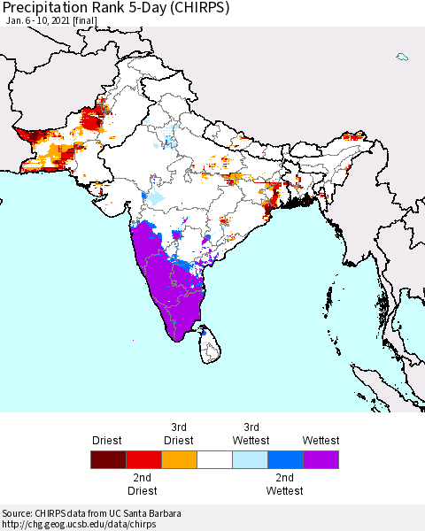 Southern Asia Precipitation Rank 5-Day (CHIRPS) Thematic Map For 1/6/2021 - 1/10/2021