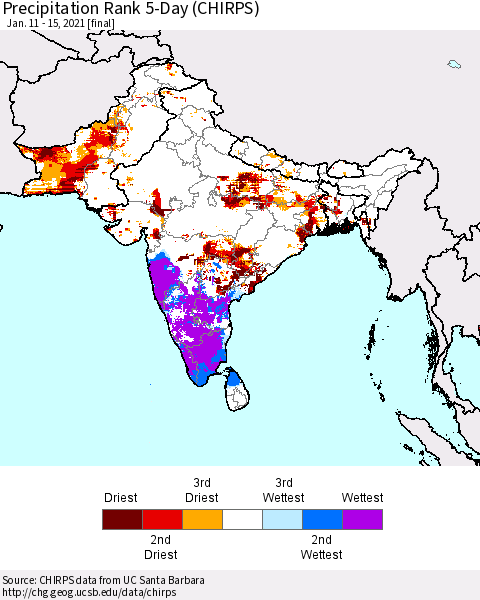 Southern Asia Precipitation Rank 5-Day (CHIRPS) Thematic Map For 1/11/2021 - 1/15/2021