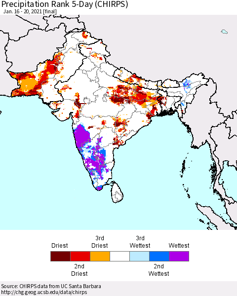 Southern Asia Precipitation Rank since 1981, 5-Day (CHIRPS) Thematic Map For 1/16/2021 - 1/20/2021
