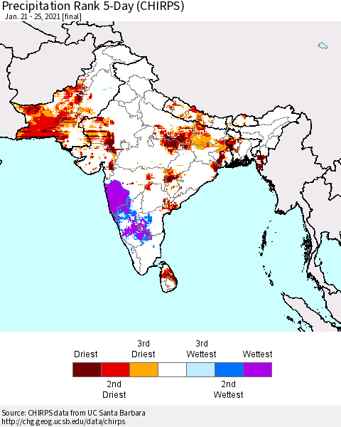 Southern Asia Precipitation Rank since 1981, 5-Day (CHIRPS) Thematic Map For 1/21/2021 - 1/25/2021