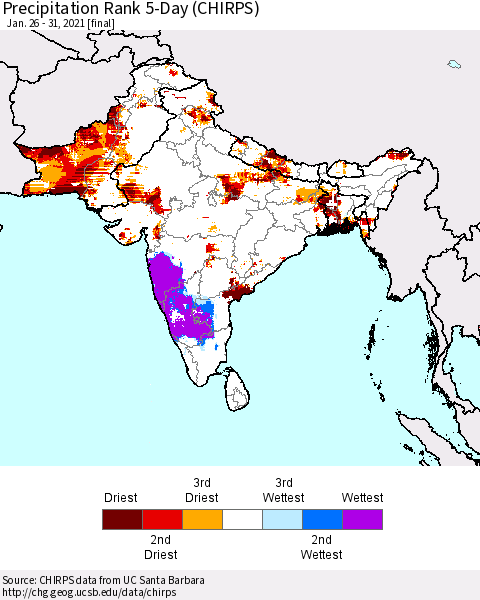 Southern Asia Precipitation Rank 5-Day (CHIRPS) Thematic Map For 1/26/2021 - 1/31/2021