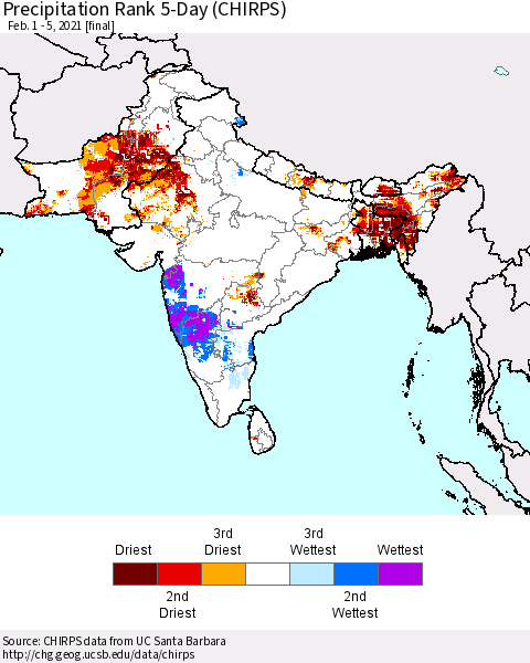 Southern Asia Precipitation Rank 5-Day (CHIRPS) Thematic Map For 2/1/2021 - 2/5/2021