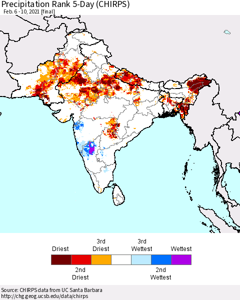 Southern Asia Precipitation Rank 5-Day (CHIRPS) Thematic Map For 2/6/2021 - 2/10/2021