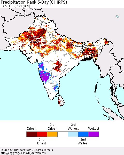 Southern Asia Precipitation Rank 5-Day (CHIRPS) Thematic Map For 2/11/2021 - 2/15/2021