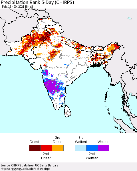 Southern Asia Precipitation Rank since 1981, 5-Day (CHIRPS) Thematic Map For 2/16/2021 - 2/20/2021