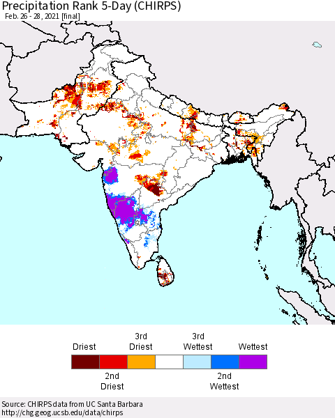 Southern Asia Precipitation Rank 5-Day (CHIRPS) Thematic Map For 2/26/2021 - 2/28/2021