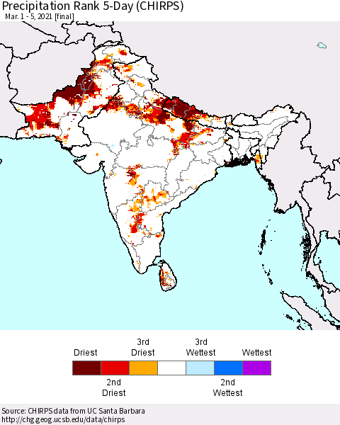 Southern Asia Precipitation Rank since 1981, 5-Day (CHIRPS) Thematic Map For 3/1/2021 - 3/5/2021