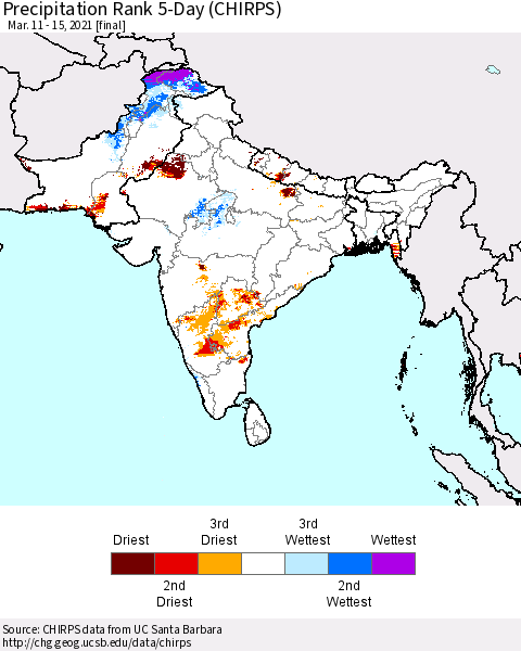 Southern Asia Precipitation Rank 5-Day (CHIRPS) Thematic Map For 3/11/2021 - 3/15/2021