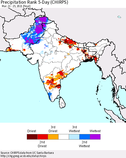 Southern Asia Precipitation Rank since 1981, 5-Day (CHIRPS) Thematic Map For 3/21/2021 - 3/25/2021
