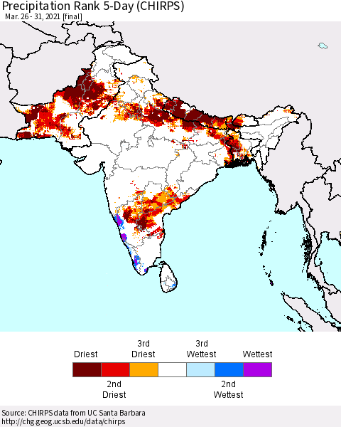 Southern Asia Precipitation Rank since 1981, 5-Day (CHIRPS) Thematic Map For 3/26/2021 - 3/31/2021