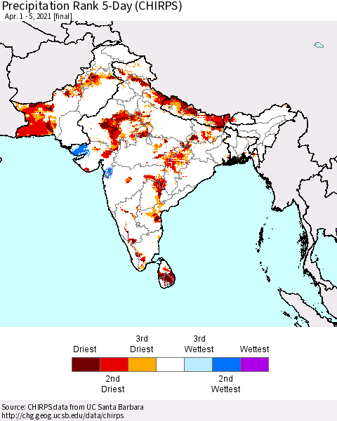 Southern Asia Precipitation Rank 5-Day (CHIRPS) Thematic Map For 4/1/2021 - 4/5/2021