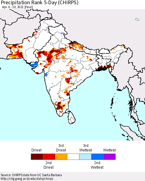 Southern Asia Precipitation Rank since 1981, 5-Day (CHIRPS) Thematic Map For 4/6/2021 - 4/10/2021