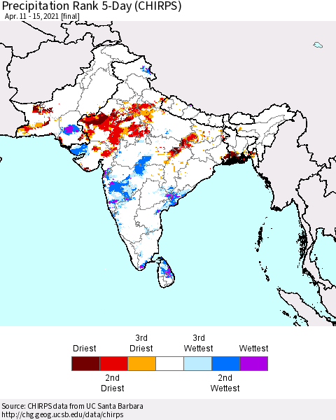 Southern Asia Precipitation Rank 5-Day (CHIRPS) Thematic Map For 4/11/2021 - 4/15/2021