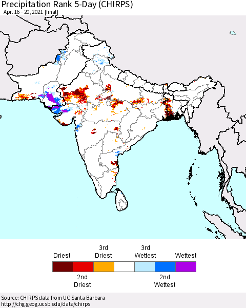 Southern Asia Precipitation Rank 5-Day (CHIRPS) Thematic Map For 4/16/2021 - 4/20/2021