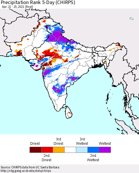 Southern Asia Precipitation Rank since 1981, 5-Day (CHIRPS) Thematic Map For 4/21/2021 - 4/25/2021