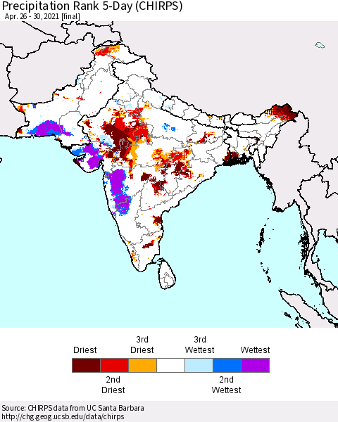 Southern Asia Precipitation Rank 5-Day (CHIRPS) Thematic Map For 4/26/2021 - 4/30/2021