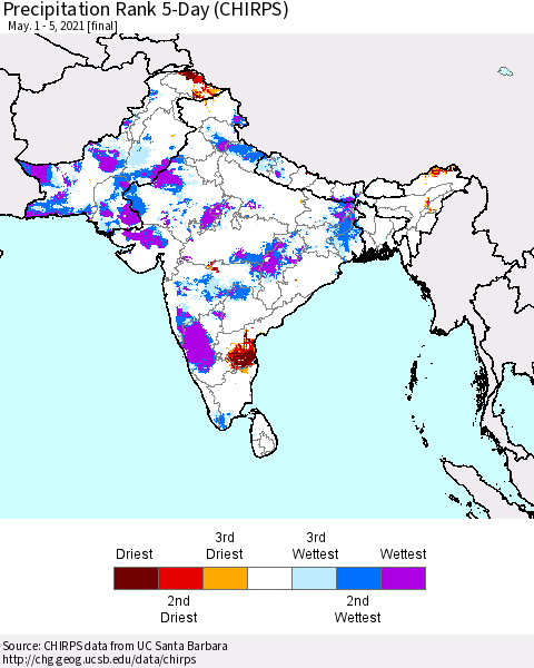 Southern Asia Precipitation Rank 5-Day (CHIRPS) Thematic Map For 5/1/2021 - 5/5/2021