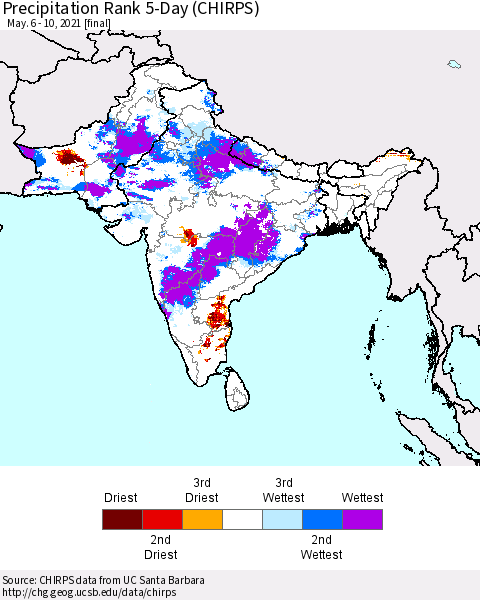 Southern Asia Precipitation Rank 5-Day (CHIRPS) Thematic Map For 5/6/2021 - 5/10/2021