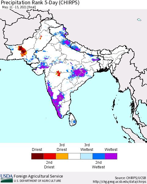 Southern Asia Precipitation Rank since 1981, 5-Day (CHIRPS) Thematic Map For 5/11/2021 - 5/15/2021