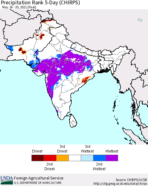 Southern Asia Precipitation Rank 5-Day (CHIRPS) Thematic Map For 5/16/2021 - 5/20/2021