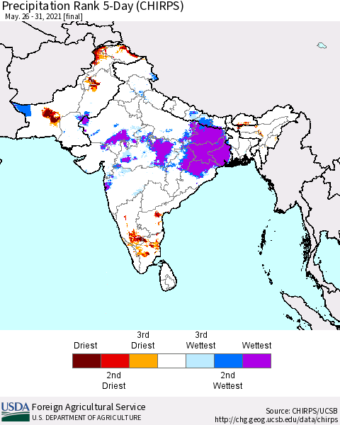 Southern Asia Precipitation Rank since 1981, 5-Day (CHIRPS) Thematic Map For 5/26/2021 - 5/31/2021