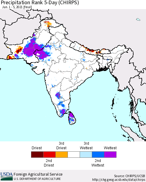 Southern Asia Precipitation Rank since 1981, 5-Day (CHIRPS) Thematic Map For 6/1/2021 - 6/5/2021