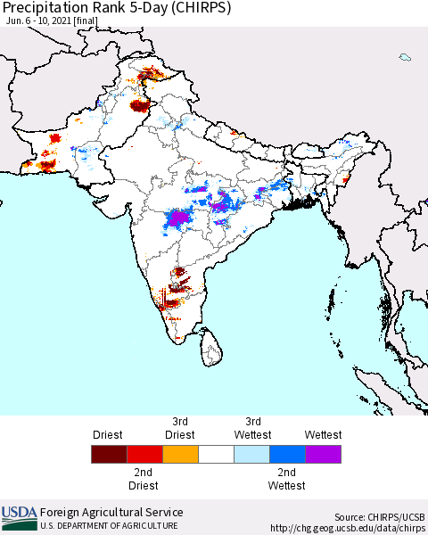 Southern Asia Precipitation Rank 5-Day (CHIRPS) Thematic Map For 6/6/2021 - 6/10/2021