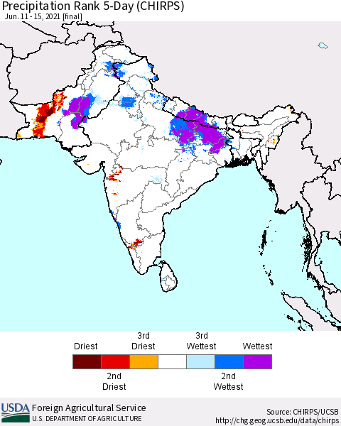 Southern Asia Precipitation Rank since 1981, 5-Day (CHIRPS) Thematic Map For 6/11/2021 - 6/15/2021