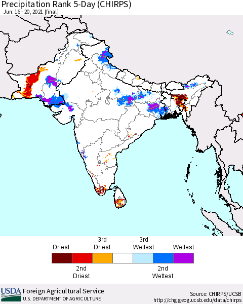 Southern Asia Precipitation Rank 5-Day (CHIRPS) Thematic Map For 6/16/2021 - 6/20/2021