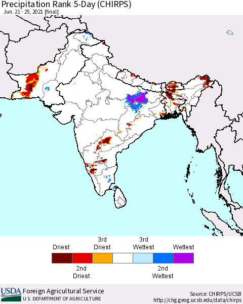 Southern Asia Precipitation Rank 5-Day (CHIRPS) Thematic Map For 6/21/2021 - 6/25/2021
