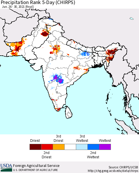 Southern Asia Precipitation Rank 5-Day (CHIRPS) Thematic Map For 6/26/2021 - 6/30/2021