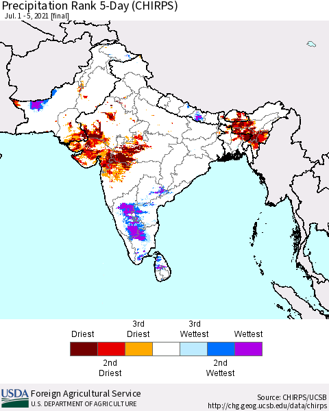 Southern Asia Precipitation Rank 5-Day (CHIRPS) Thematic Map For 7/1/2021 - 7/5/2021