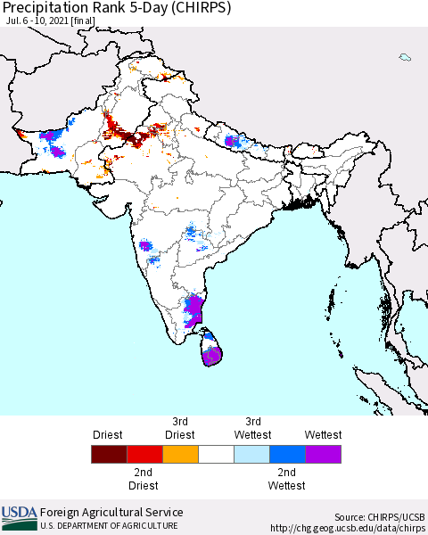 Southern Asia Precipitation Rank since 1981, 5-Day (CHIRPS) Thematic Map For 7/6/2021 - 7/10/2021