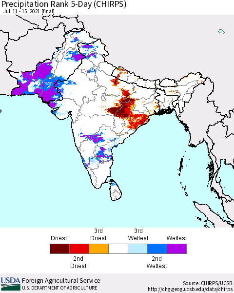 Southern Asia Precipitation Rank since 1981, 5-Day (CHIRPS) Thematic Map For 7/11/2021 - 7/15/2021
