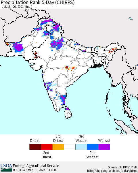 Southern Asia Precipitation Rank since 1981, 5-Day (CHIRPS) Thematic Map For 7/16/2021 - 7/20/2021