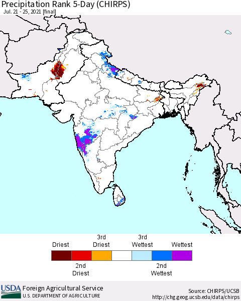 Southern Asia Precipitation Rank 5-Day (CHIRPS) Thematic Map For 7/21/2021 - 7/25/2021